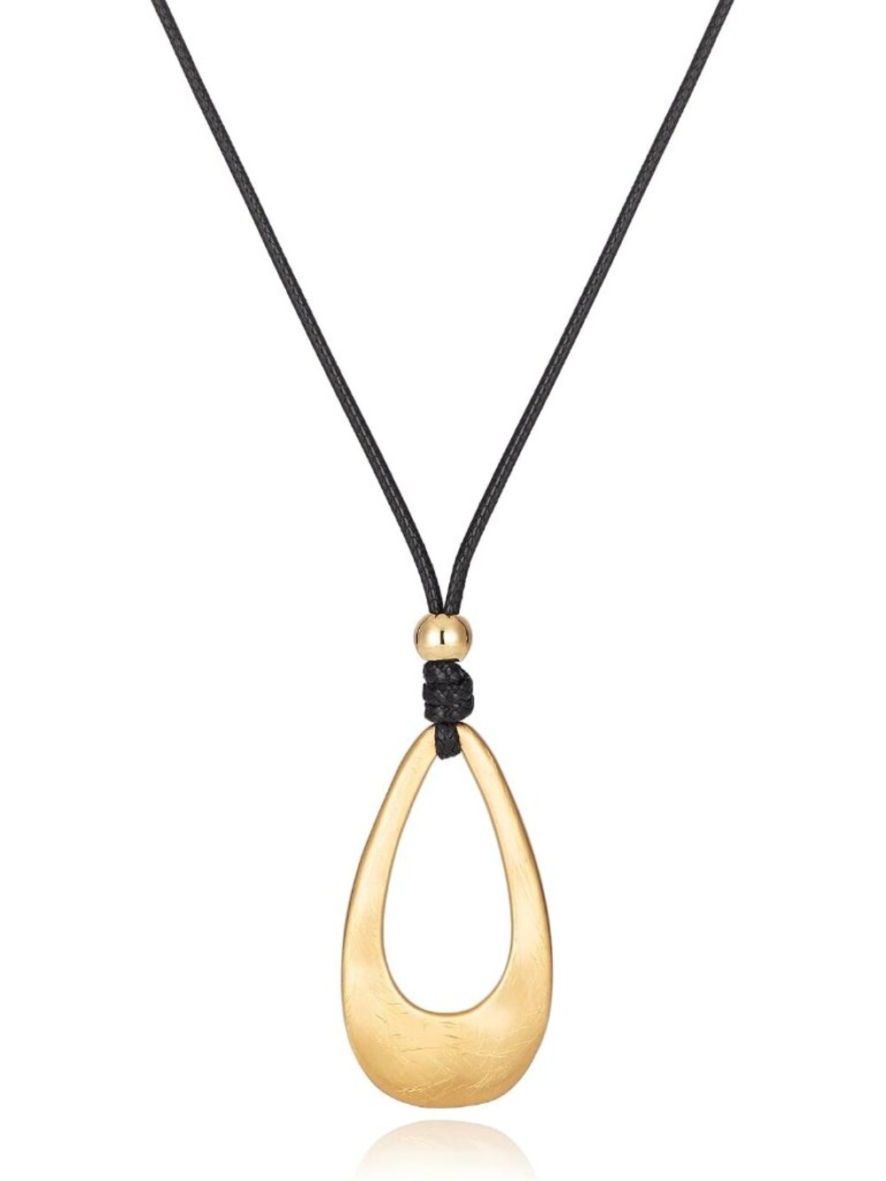 Women's Brushed Gold Blk Teardrop Pendant Long Adjustable Brown Cord Necklace